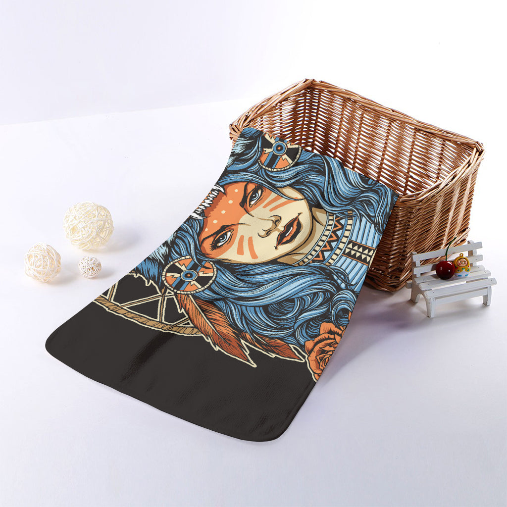 Native American Wolf Girl Print Towel