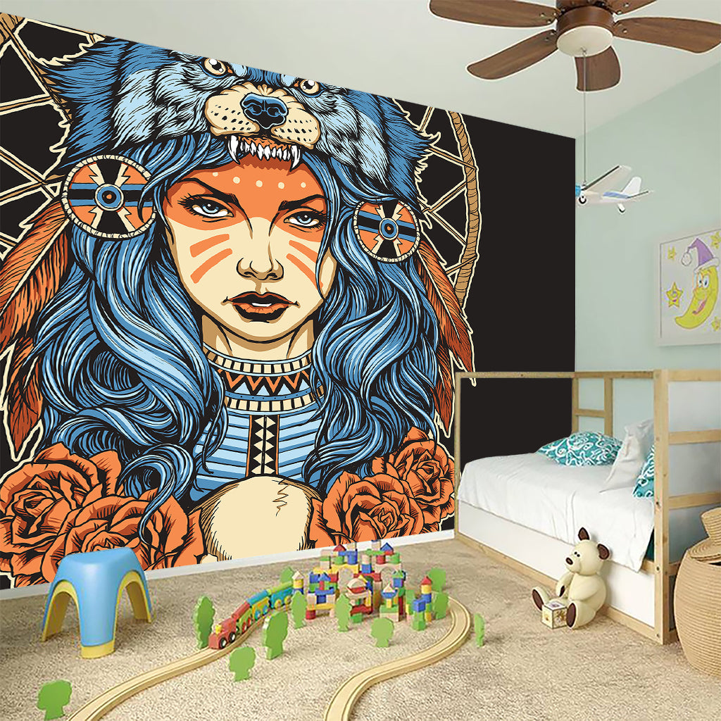 Native American Wolf Girl Print Wall Sticker