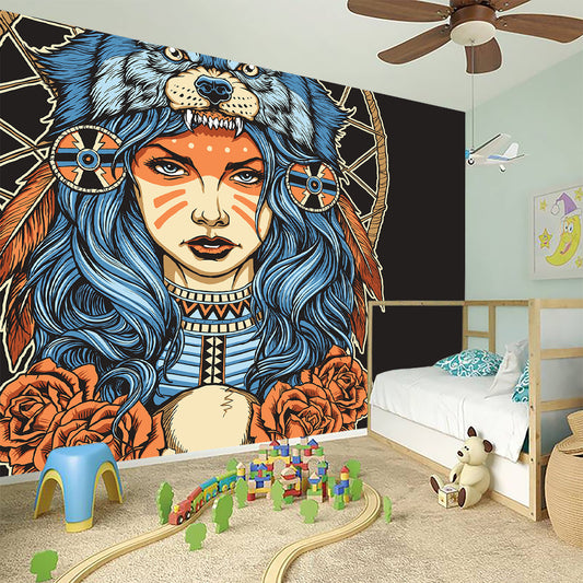 Native American Wolf Girl Print Wall Sticker