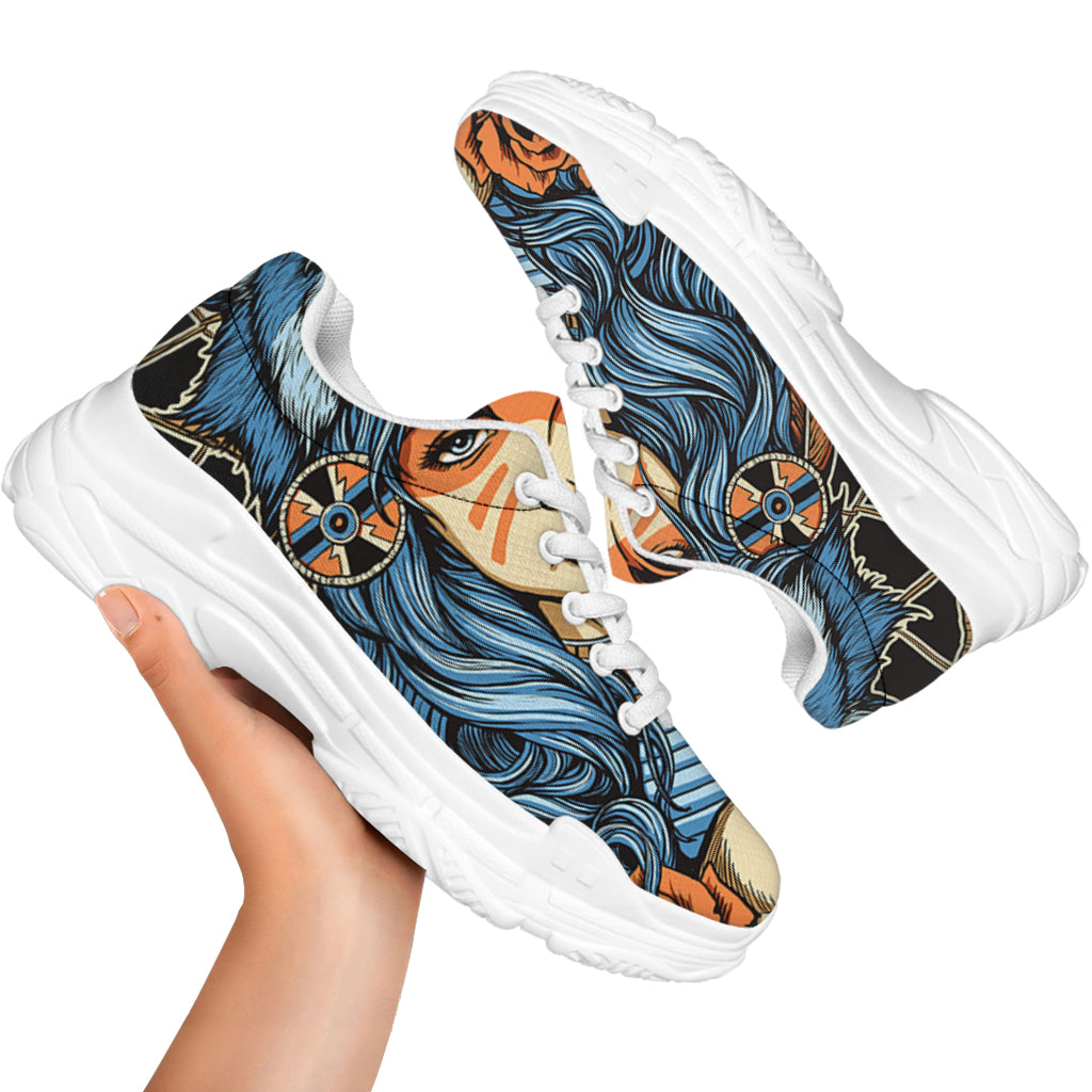 Native American Wolf Girl Print White Chunky Shoes