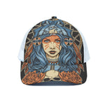 Native American Wolf Girl Print White Mesh Trucker Cap