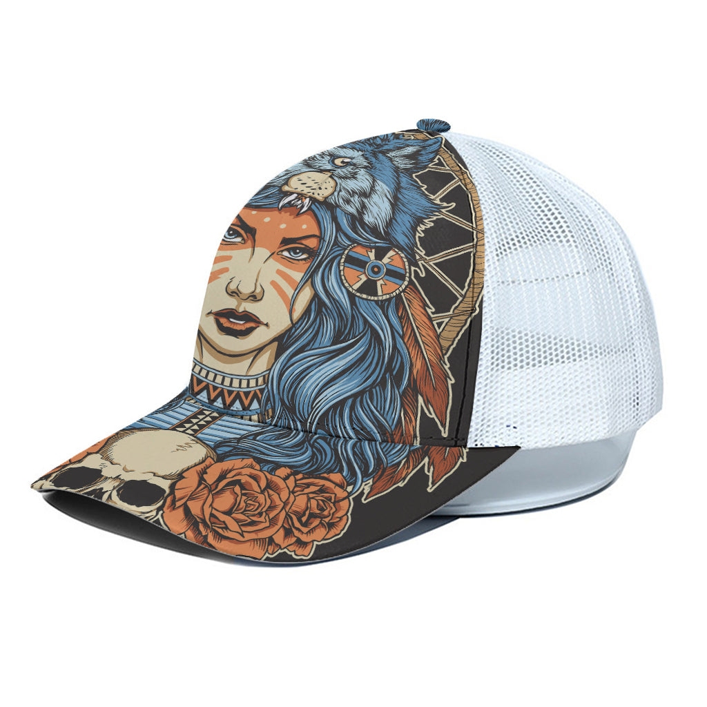 Native American Wolf Girl Print White Mesh Trucker Cap