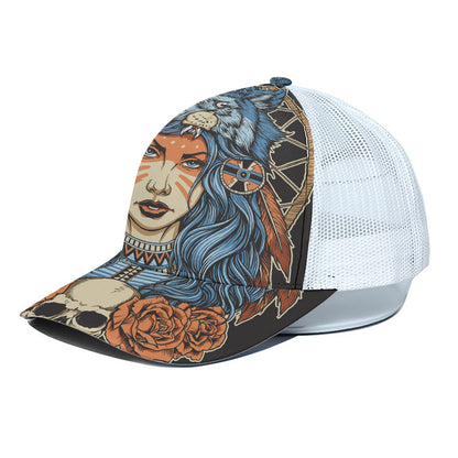 Native American Wolf Girl Print White Mesh Trucker Cap