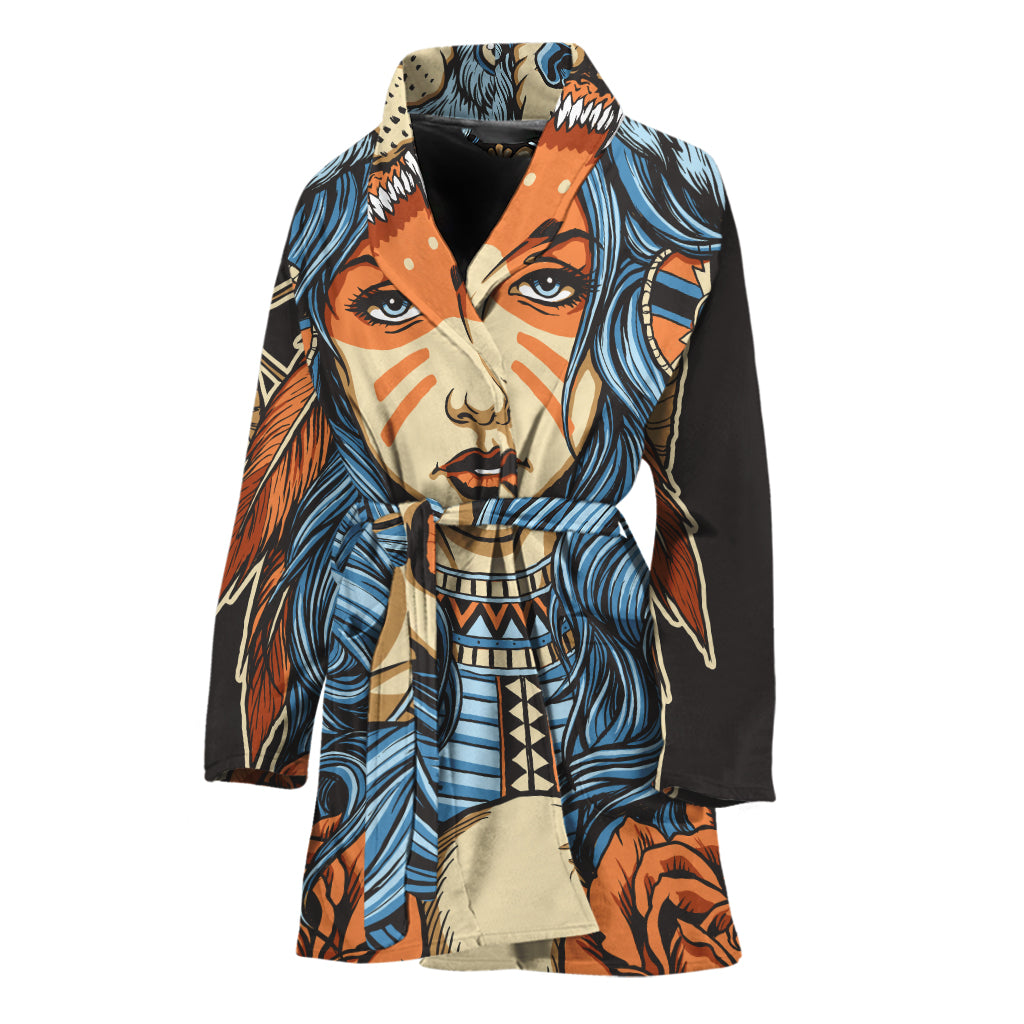 Native American Wolf Girl Print Women's Bathrobe