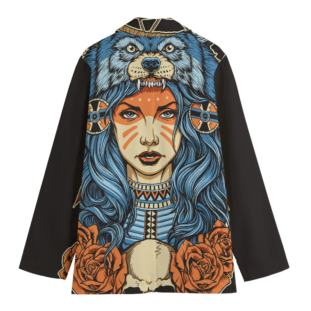 Native American Wolf Girl Print Women's Blazer