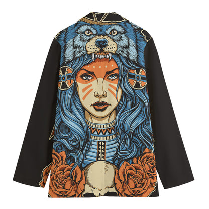 Native American Wolf Girl Print Women's Blazer