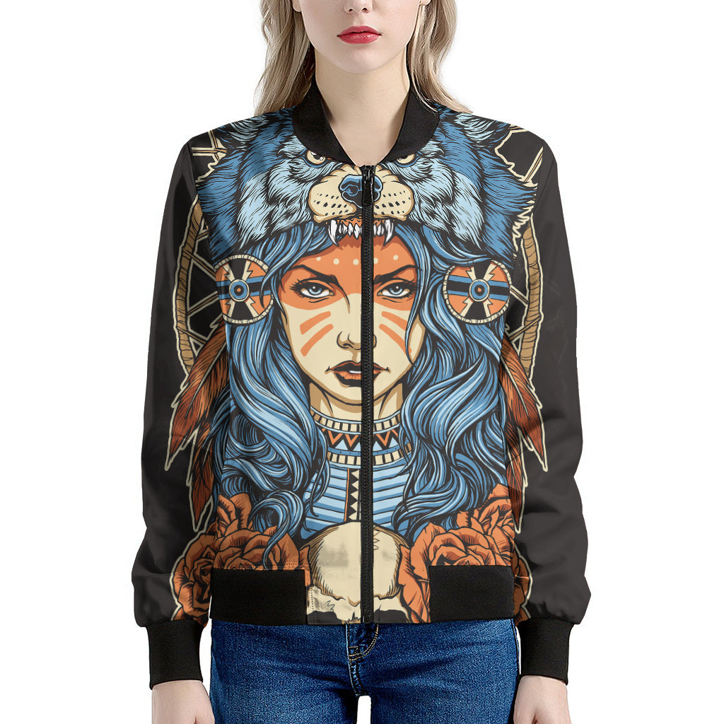 Native American Wolf Girl Print Women's Bomber Jacket