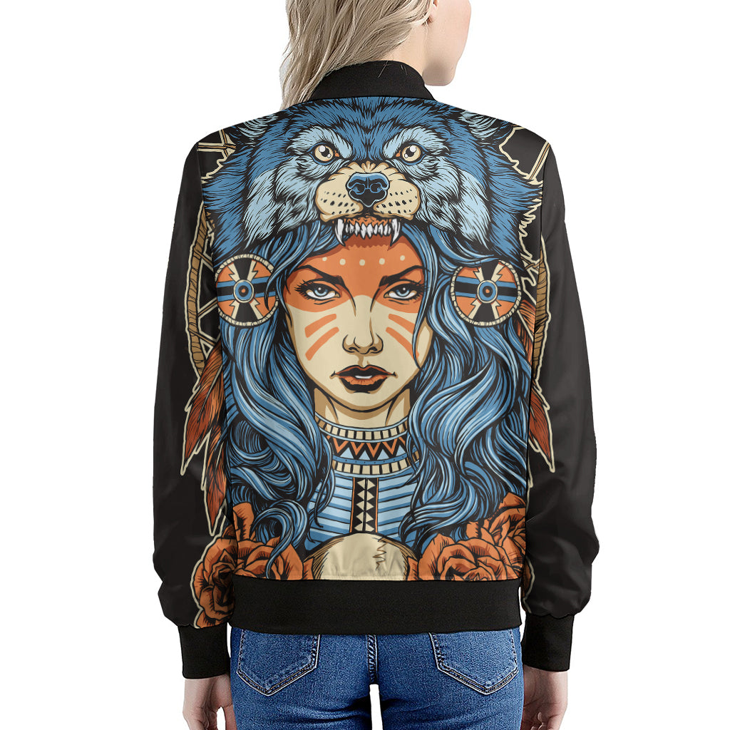 Native American Wolf Girl Print Women's Bomber Jacket