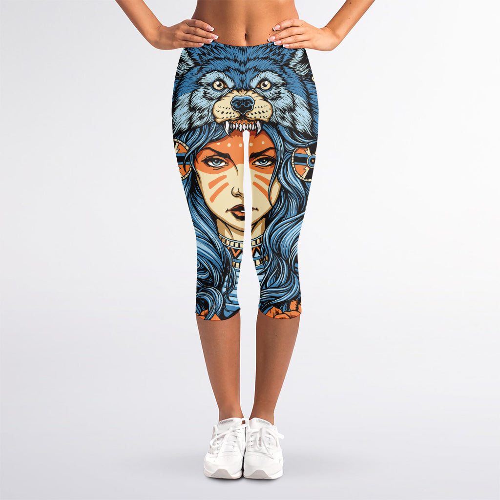 Native American Wolf Girl Print Women's Capri Leggings