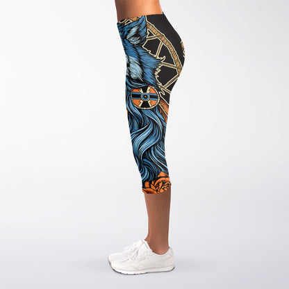 Native American Wolf Girl Print Women's Capri Leggings