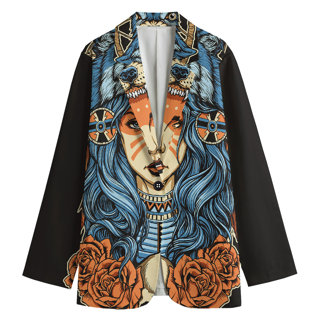 Native American Wolf Girl Print Women's Cotton Blazer