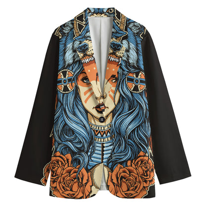 Native American Wolf Girl Print Women's Cotton Blazer