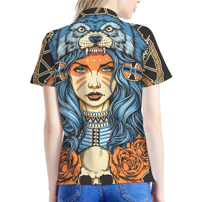 Native American Wolf Girl Print Women's Polo Shirt