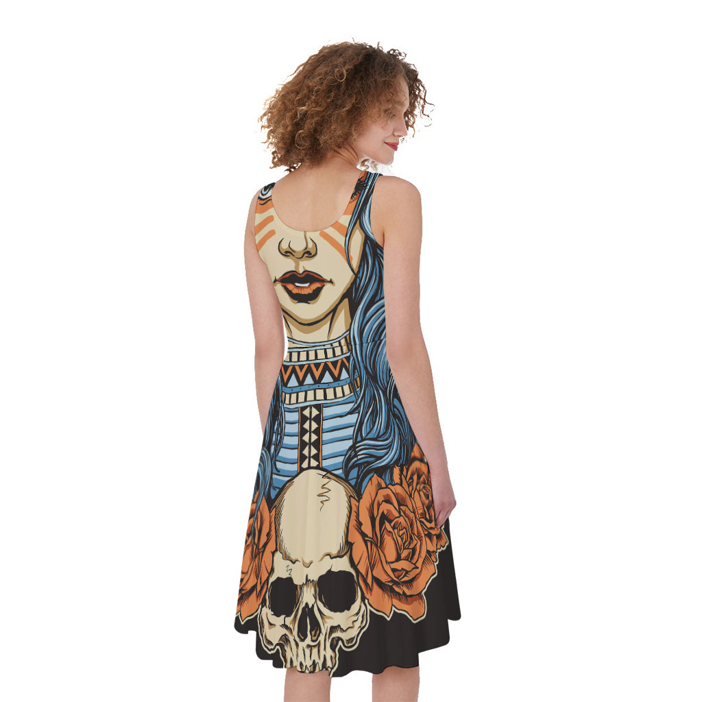 Native American Wolf Girl Print Women's Sleeveless Dress