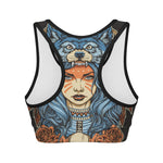 Native American Wolf Girl Print Women's Sports Bra