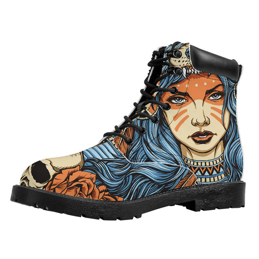 Native American Wolf Girl Print Work Boots