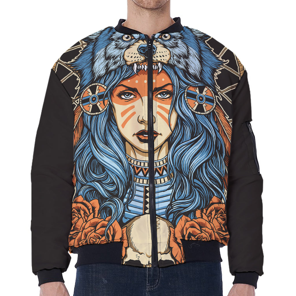 Native American Wolf Girl Print Zip Sleeve Bomber Jacket