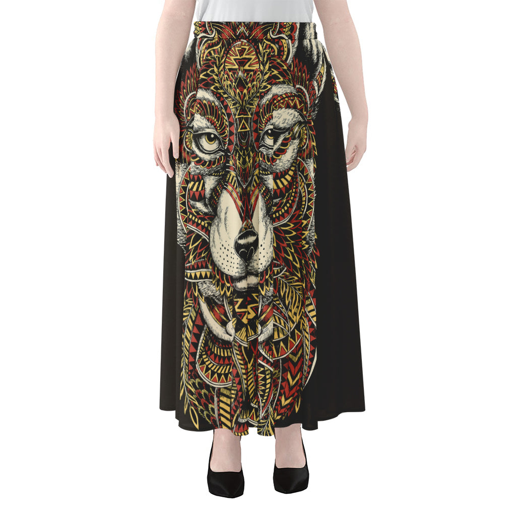 Native American Wolf Spirit Animal Print Chiffon Maxi Skirt