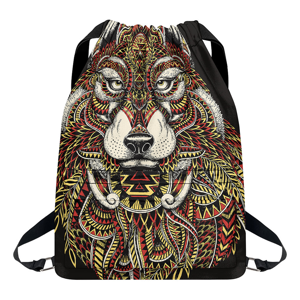 Native American Wolf Spirit Animal Print Drawstring Backpack