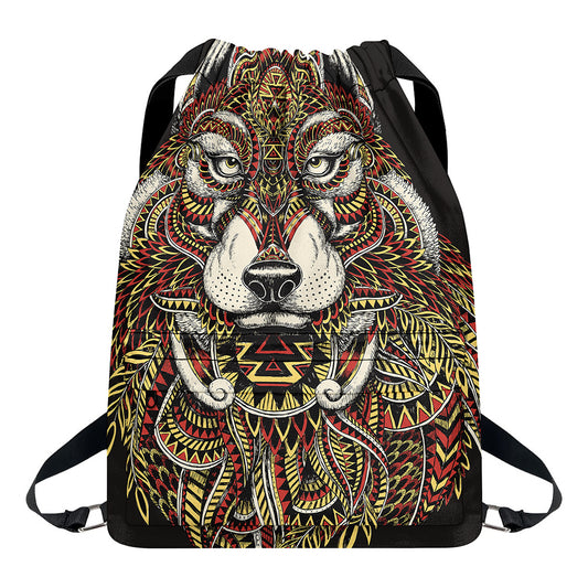 Native American Wolf Spirit Animal Print Drawstring Backpack