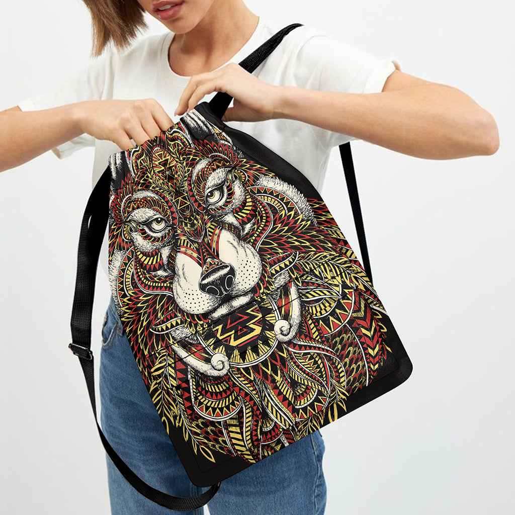 Native American Wolf Spirit Animal Print Drawstring Backpack