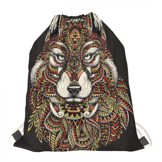 Native American Wolf Spirit Animal Print Drawstring Bag