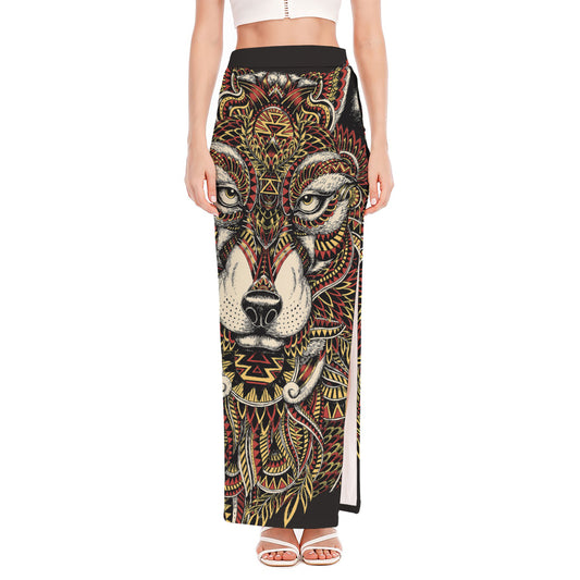Native American Wolf Spirit Animal Print High Slit Maxi Skirt