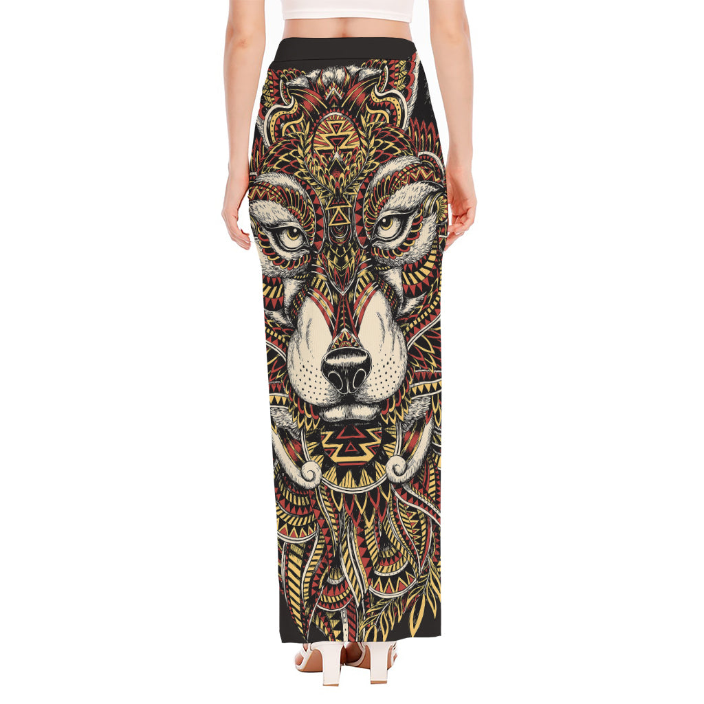 Native American Wolf Spirit Animal Print High Slit Maxi Skirt