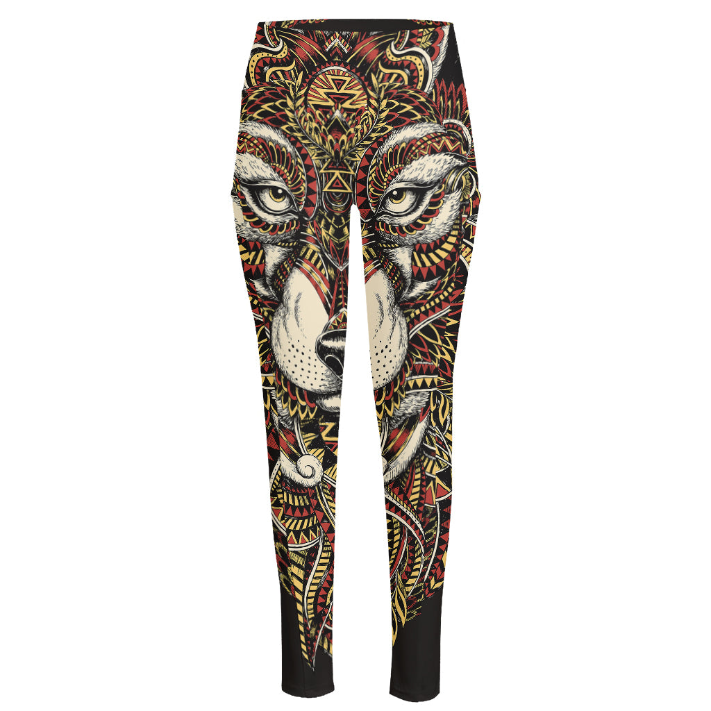 Native American Wolf Spirit Animal Print High-Waisted Pocket Leggings