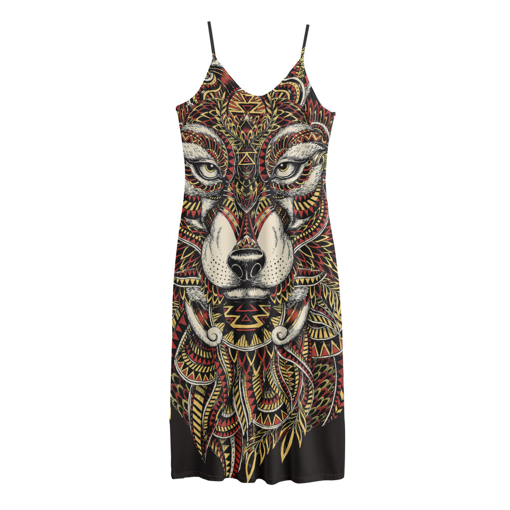 Native American Wolf Spirit Animal Print Jersey Midi Cami Dress
