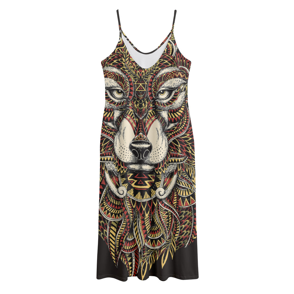 Native American Wolf Spirit Animal Print Jersey Midi Cami Dress