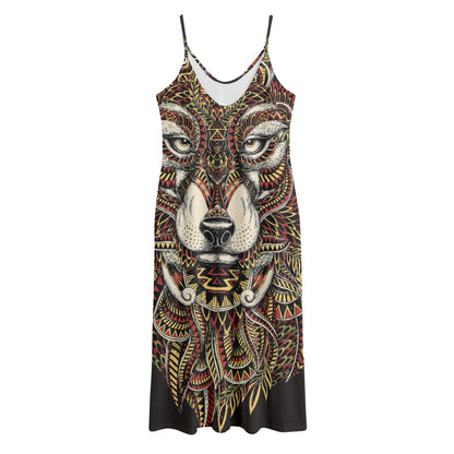Native American Wolf Spirit Animal Print Jersey Midi Cami Dress