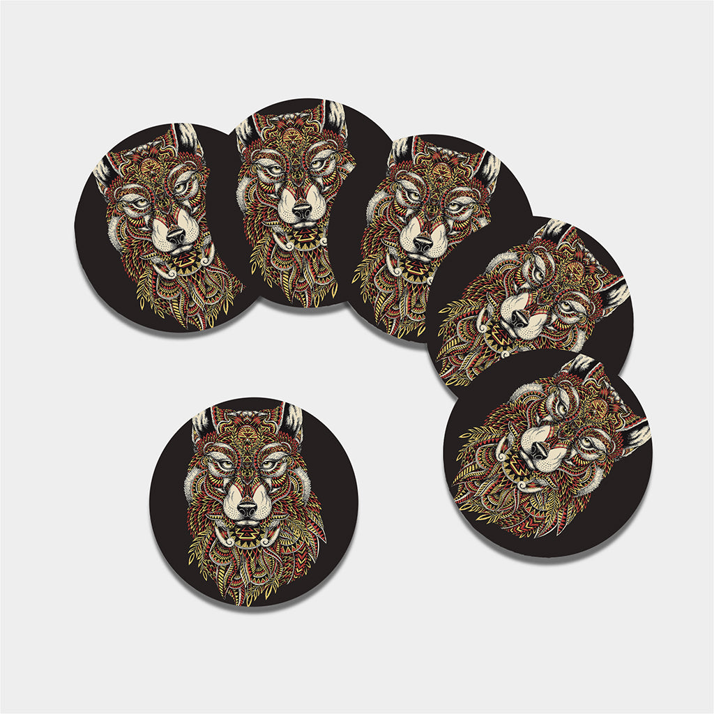 Native American Wolf Spirit Animal Print Leather Coaster Set