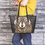 Native American Wolf Spirit Animal Print Leather Tote Bag