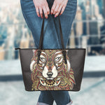 Native American Wolf Spirit Animal Print Leather Tote Bag