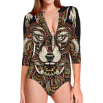 Native American Wolf Spirit Animal Print Long Sleeve Swimsuit