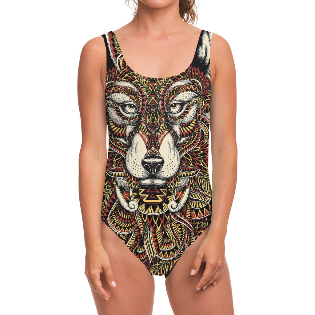 Native American Wolf Spirit Animal Print One Piece Swimsuit