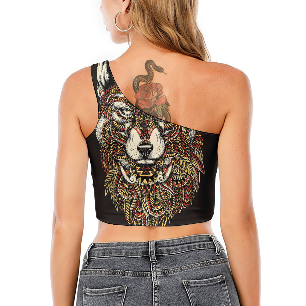 Native American Wolf Spirit Animal Print One Shoulder Crop Top