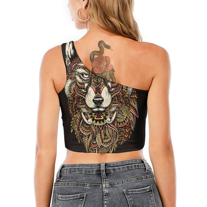 Native American Wolf Spirit Animal Print One Shoulder Crop Top
