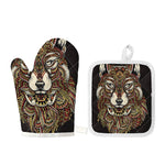 Native American Wolf Spirit Animal Print Oven Mitt And Pot Holder Set