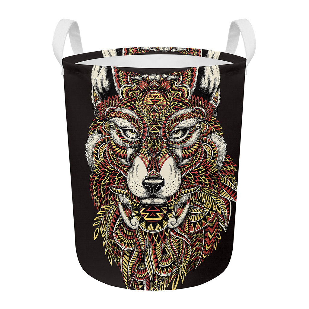 Native American Wolf Spirit Animal Print Round Laundry Basket