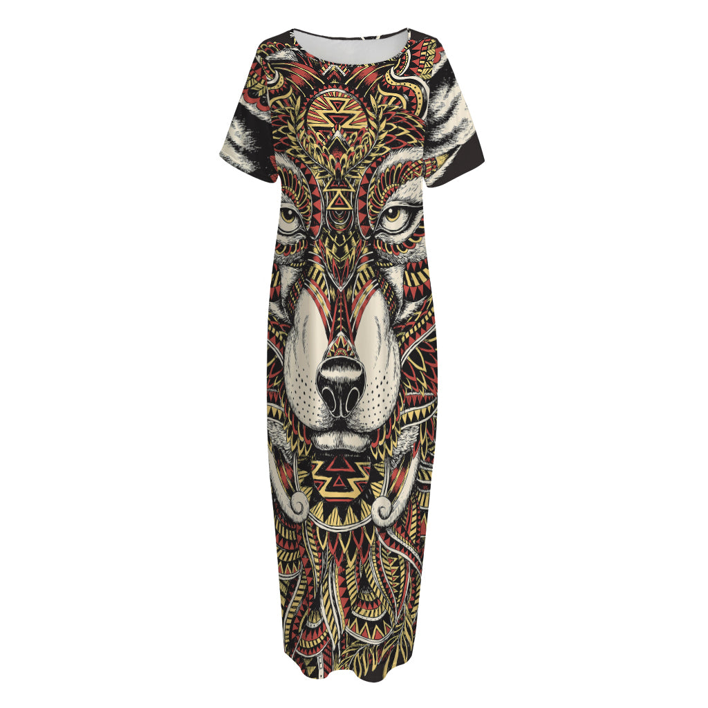 Native American Wolf Spirit Animal Print Short Sleeve Long Nightdress
