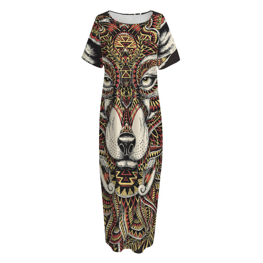 Native American Wolf Spirit Animal Print Short Sleeve Long Nightdress