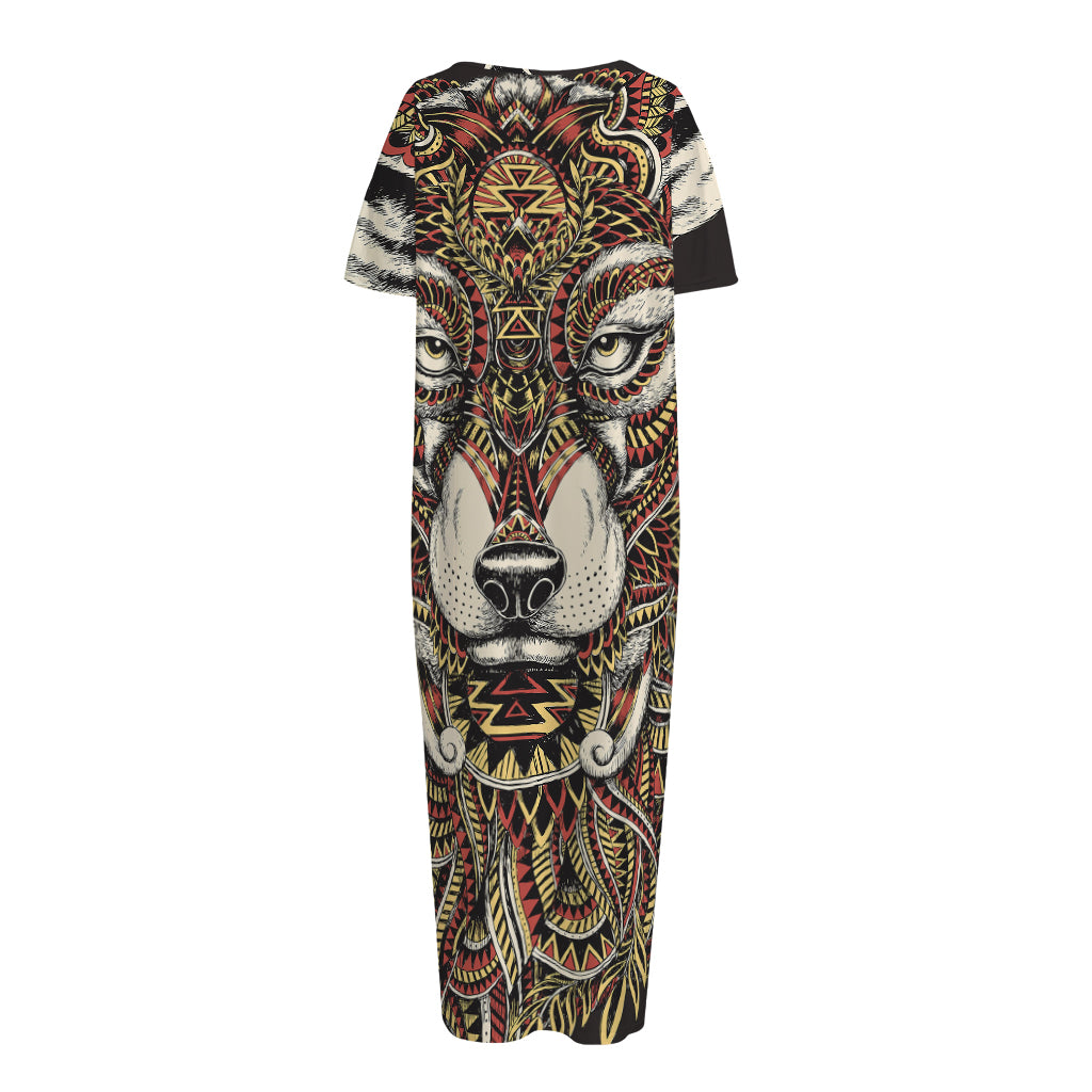 Native American Wolf Spirit Animal Print Short Sleeve Long Nightdress