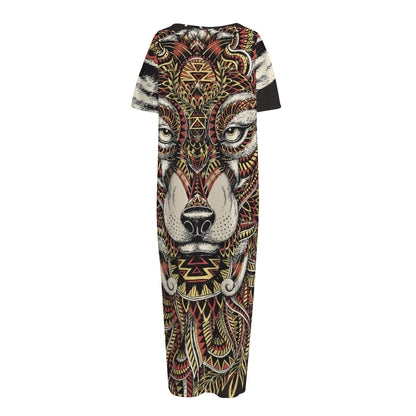 Native American Wolf Spirit Animal Print Short Sleeve Long Nightdress