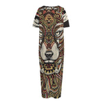 Native American Wolf Spirit Animal Print Short Sleeve Long Nightdress