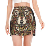 Native American Wolf Spirit Animal Print Side Slit Mini Skirt