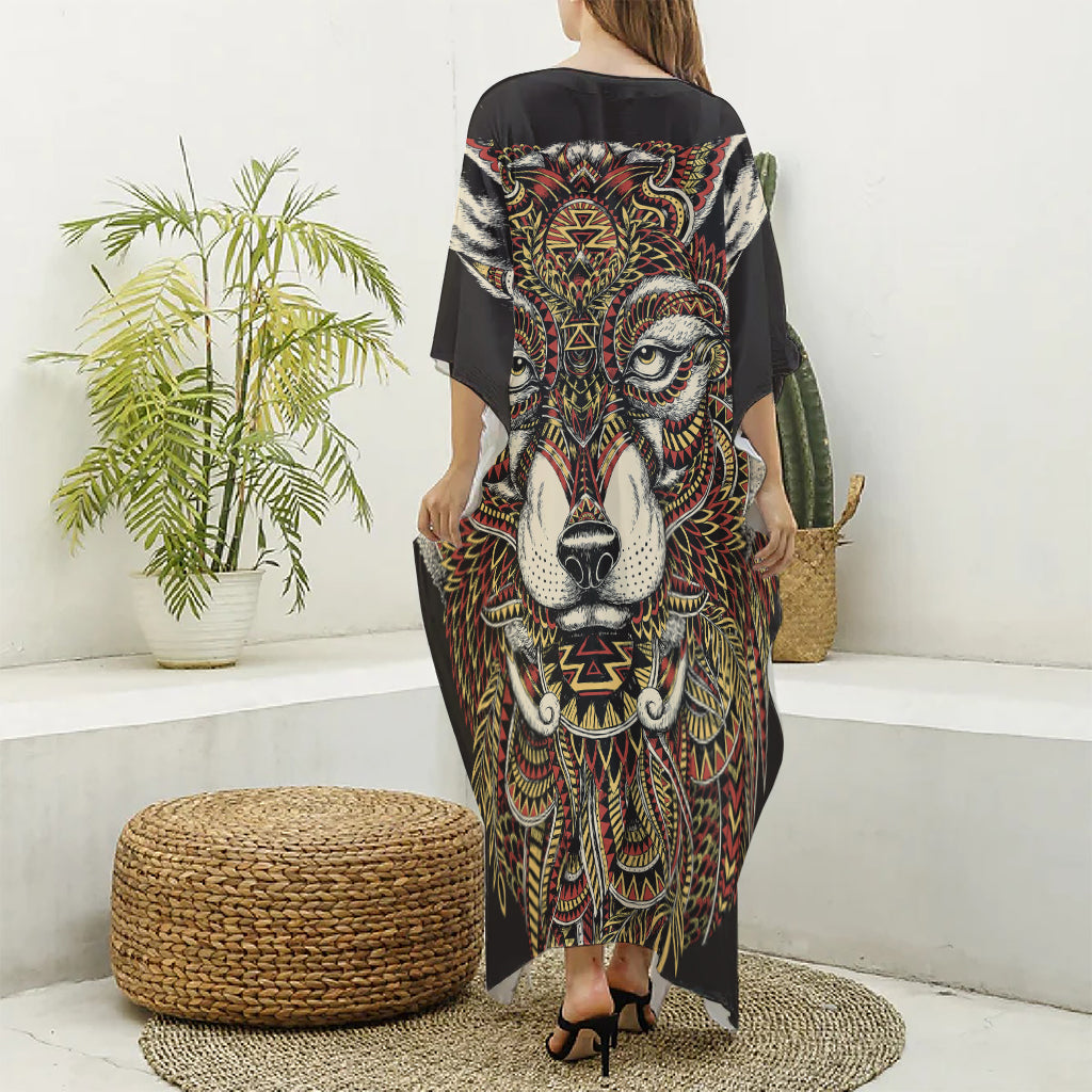 Native American Wolf Spirit Animal Print Silk V-Neck Kaftan Dress
