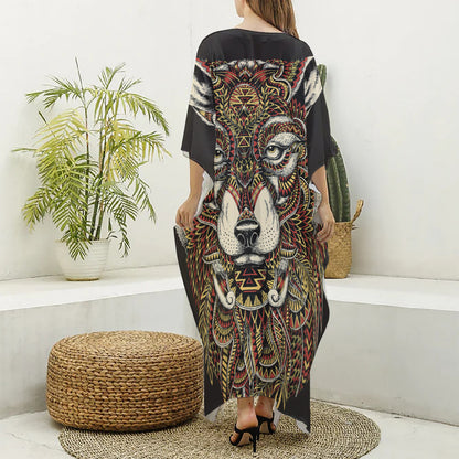 Native American Wolf Spirit Animal Print Silk V-Neck Kaftan Dress