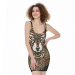 Native American Wolf Spirit Animal Print Sleeveless Bodycon Dress